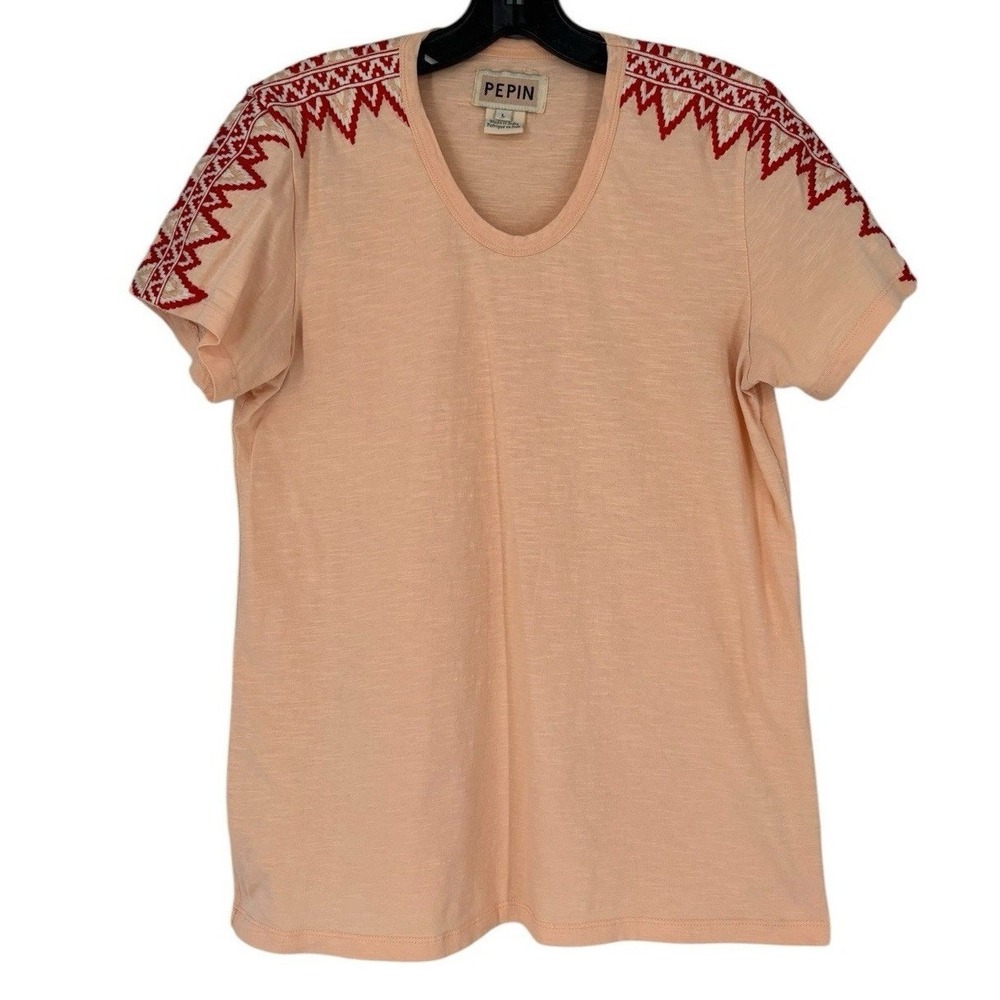 Anthropologie Pepin Embroidered Tee‎ Shirt Peach Boho Chic Beachy Large Cotton